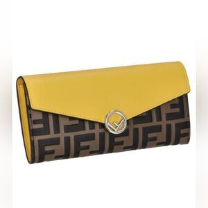 Authentic Fendi Leather Yellow & Brown FF Continental Long Wallet.
